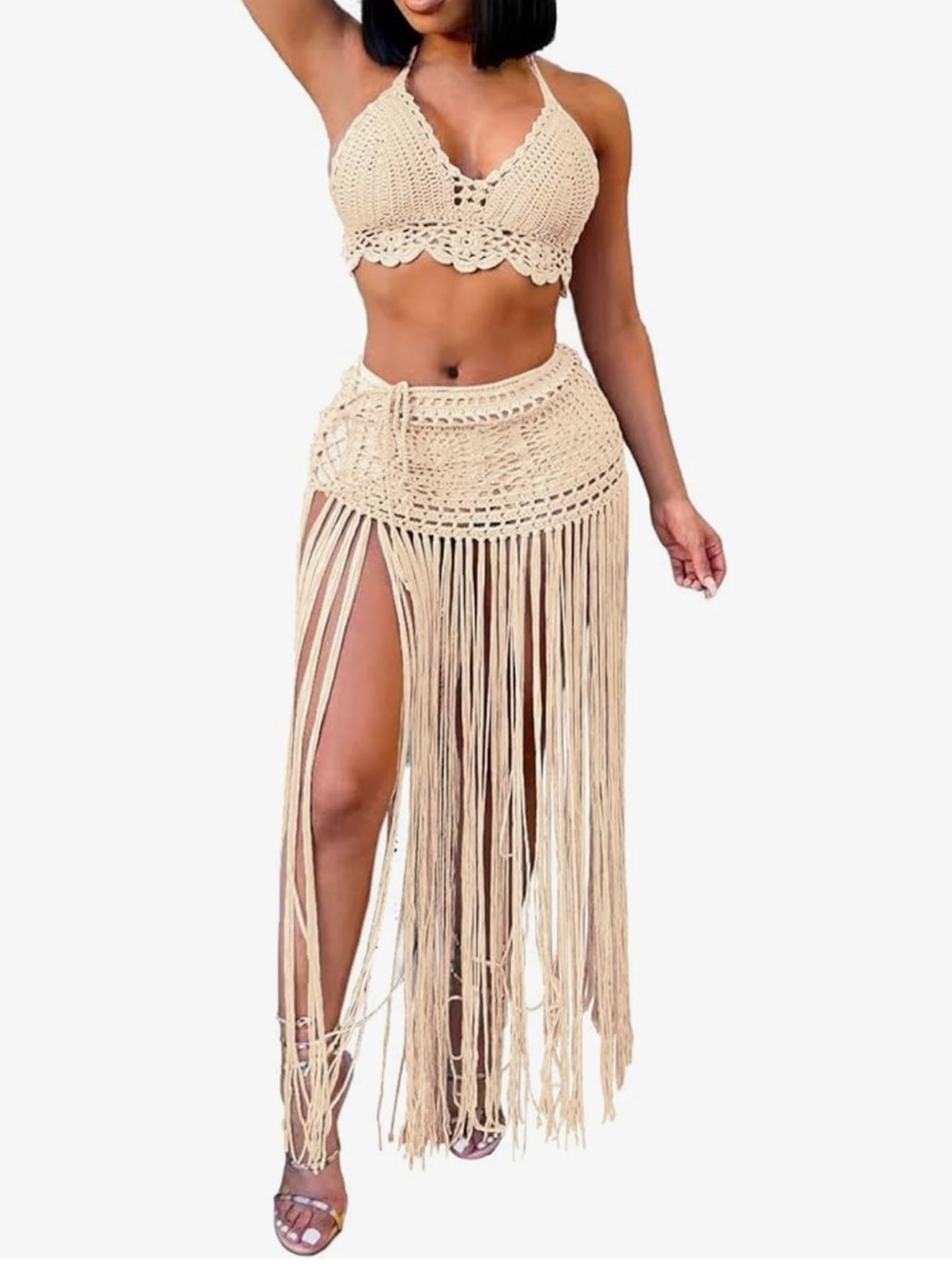 Crochet Fringe Bikini Cover-Up Set in Beige ( a little lighter then the picture)